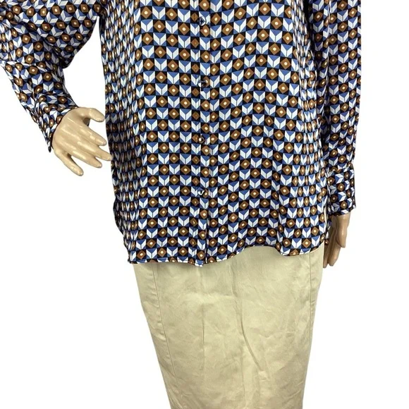 ZARA Geometric Print Button Down Blouse Blue Brown Small - Picture 3 of 7
